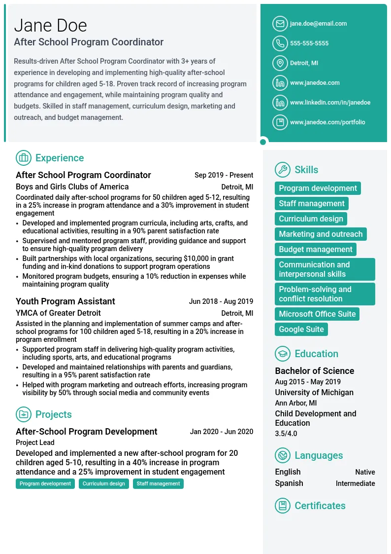 After School Program Coordinator resume example