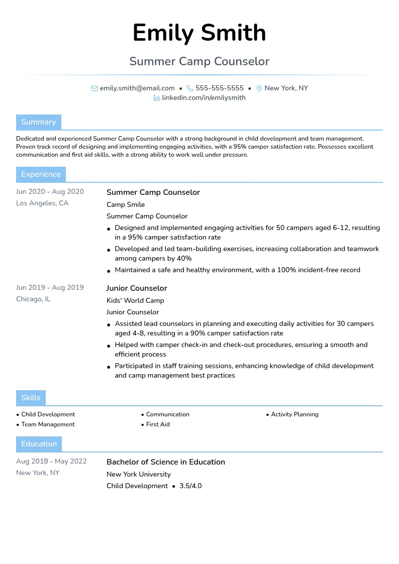 Summer Camp Counselor resume example
