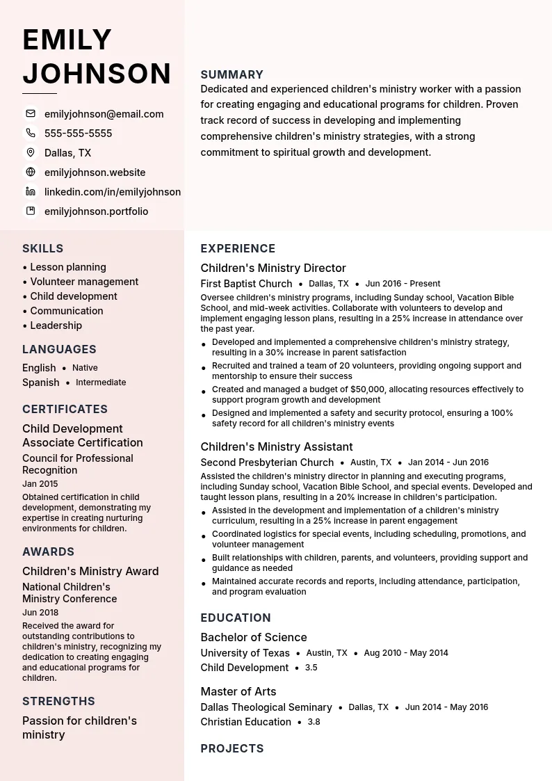 Children's Ministry Worker resume example