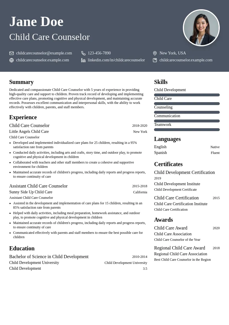 Child Care Counselor resume example