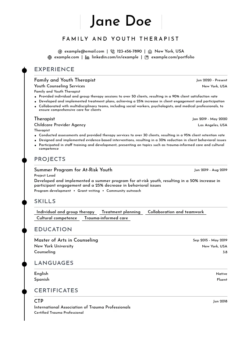 Family and Youth Therapist resume example