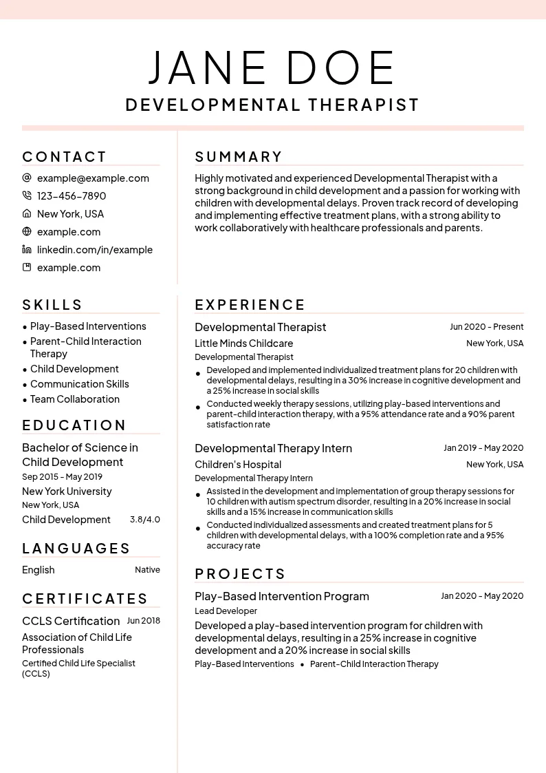 Developmental Therapist resume example
