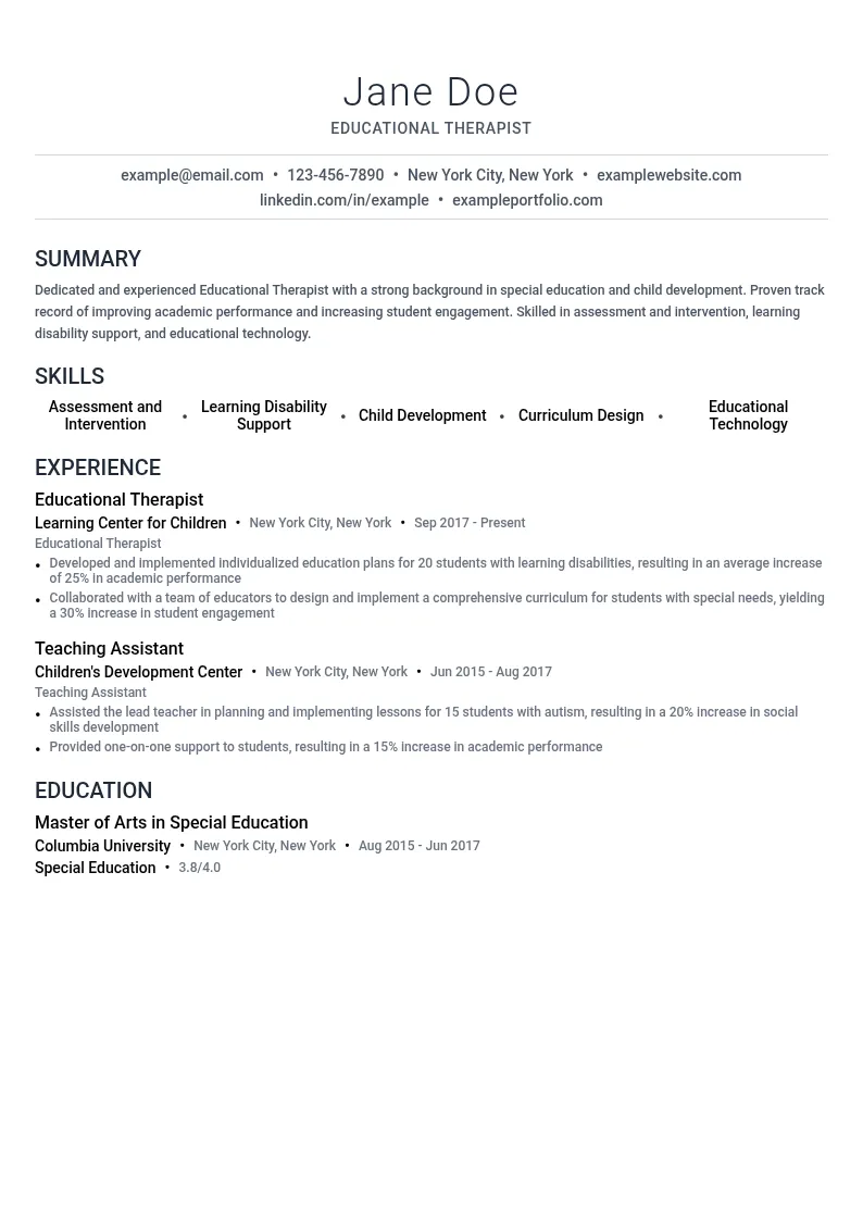 Educational Therapist resume example
