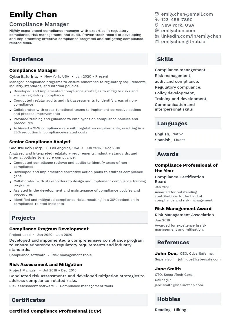 Compliance Manager resume example