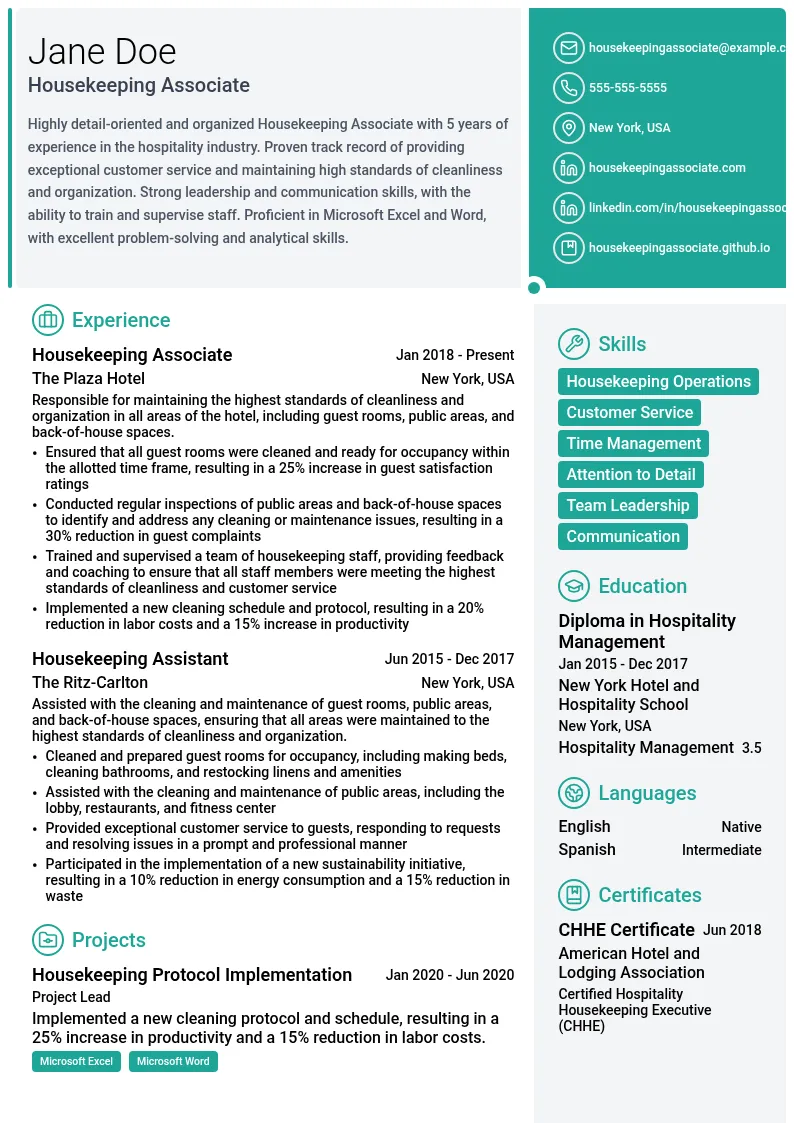 Housekeeping Associate resume example