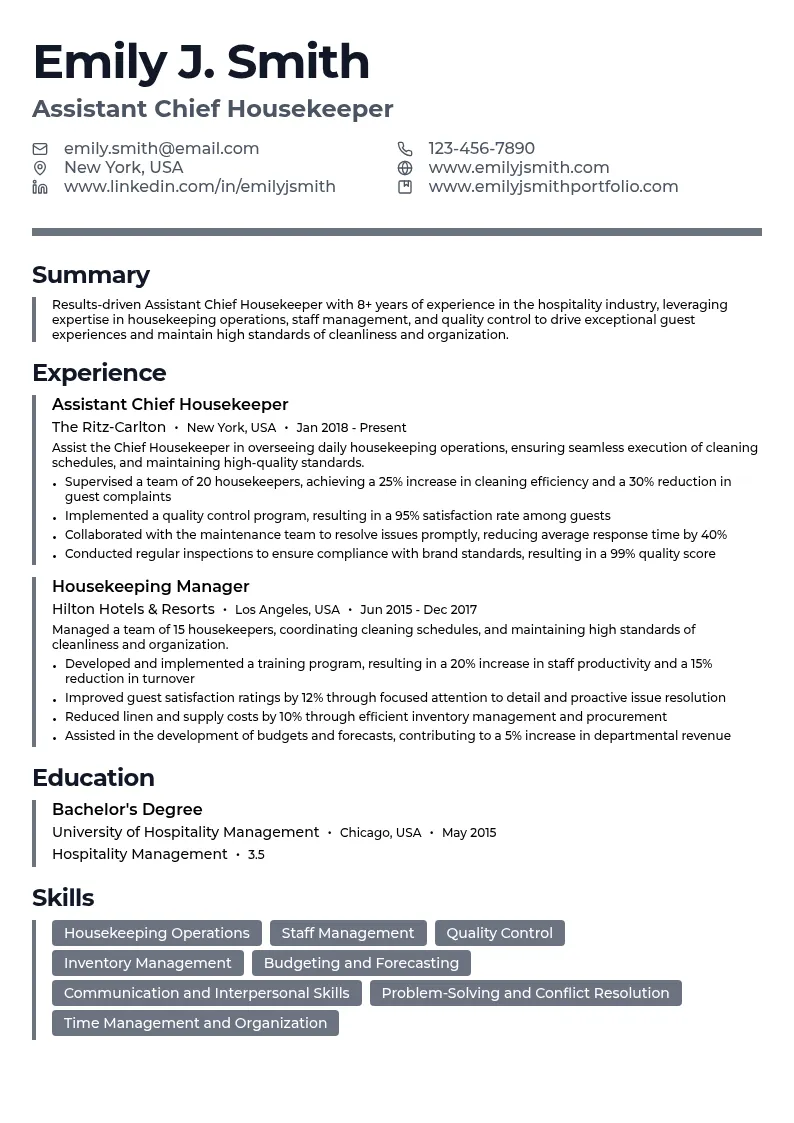 Assistant Chief Housekeeper resume example