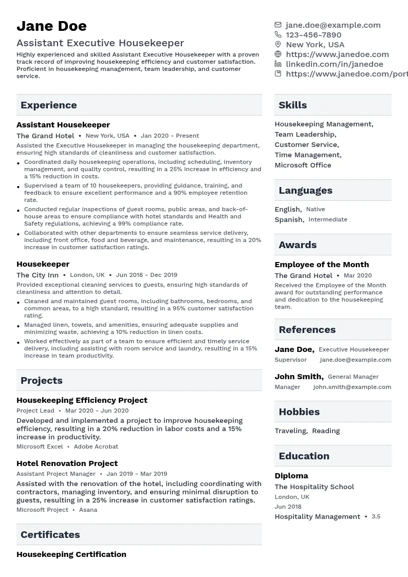 Assistant Executive Housekeeper resume example