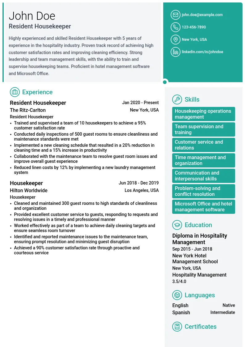 Resident Housekeeper resume example
