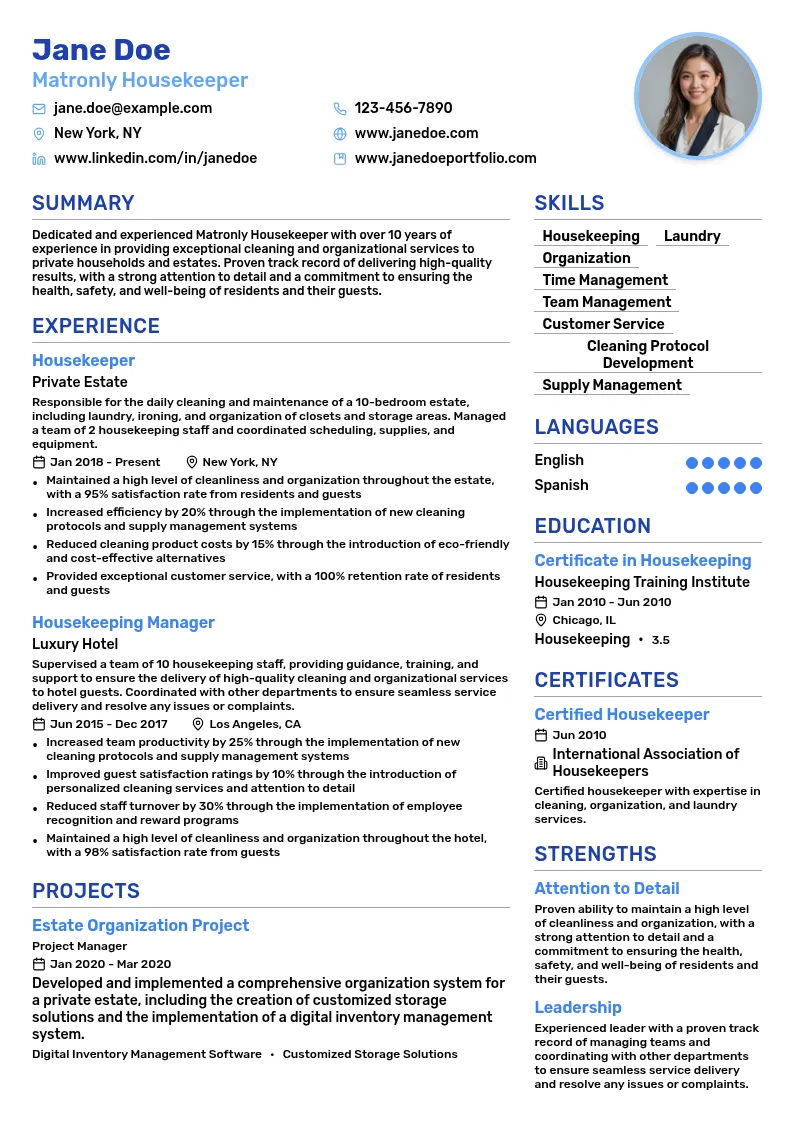 Matronly Housekeeper resume example