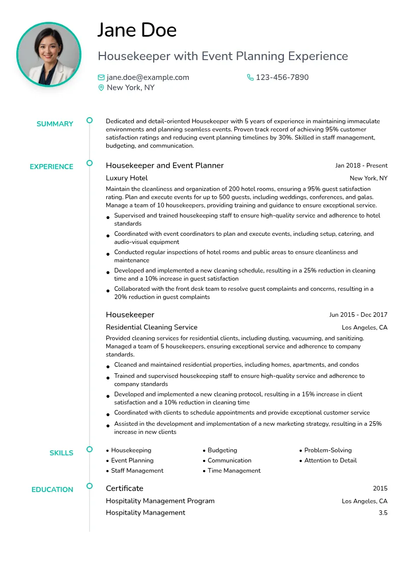 Housekeeper with Event Planning Experience resume example