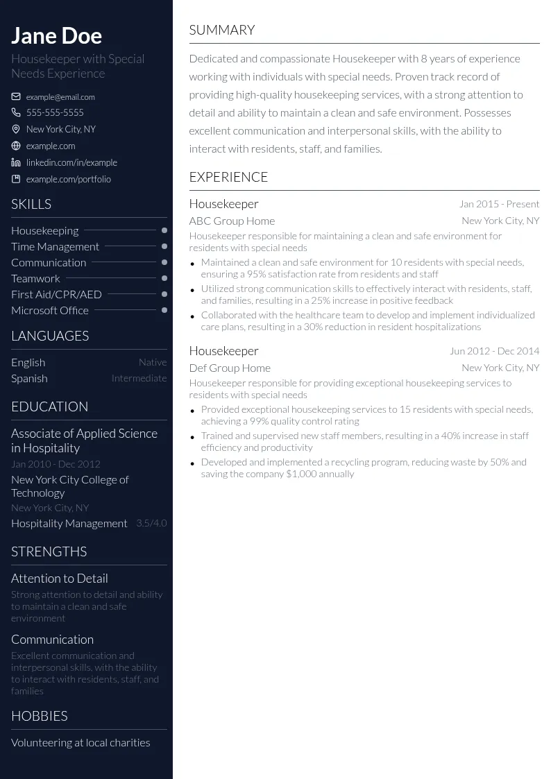 Housekeeper with Special Needs Experience resume example