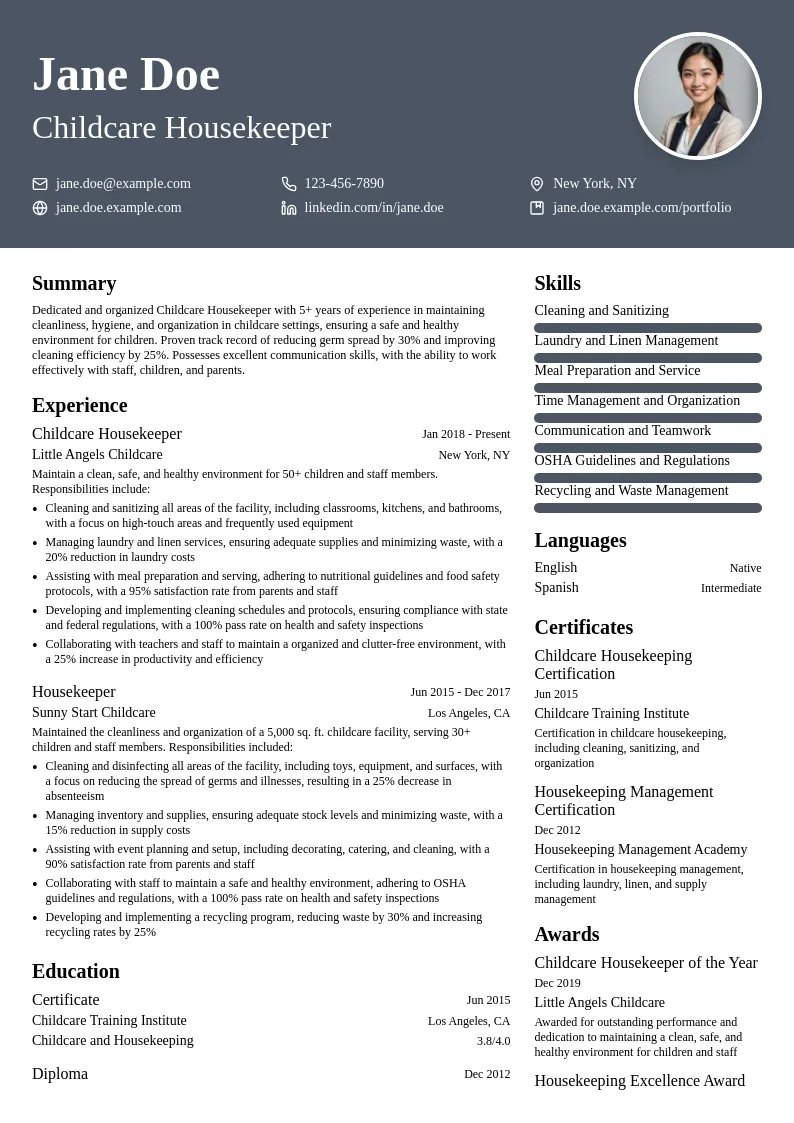 Childcare Housekeeper resume example