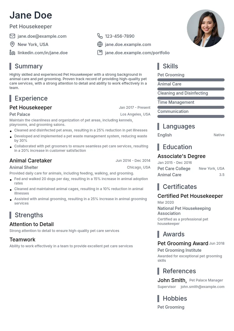 Pet Housekeeper resume example
