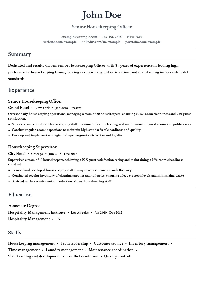 Senior Housekeeping Officer resume example