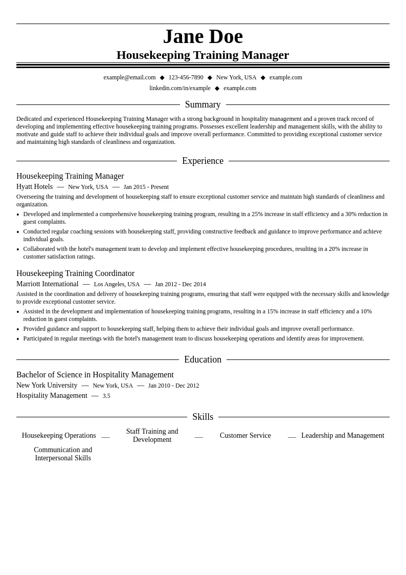 Housekeeping Training Manager resume example