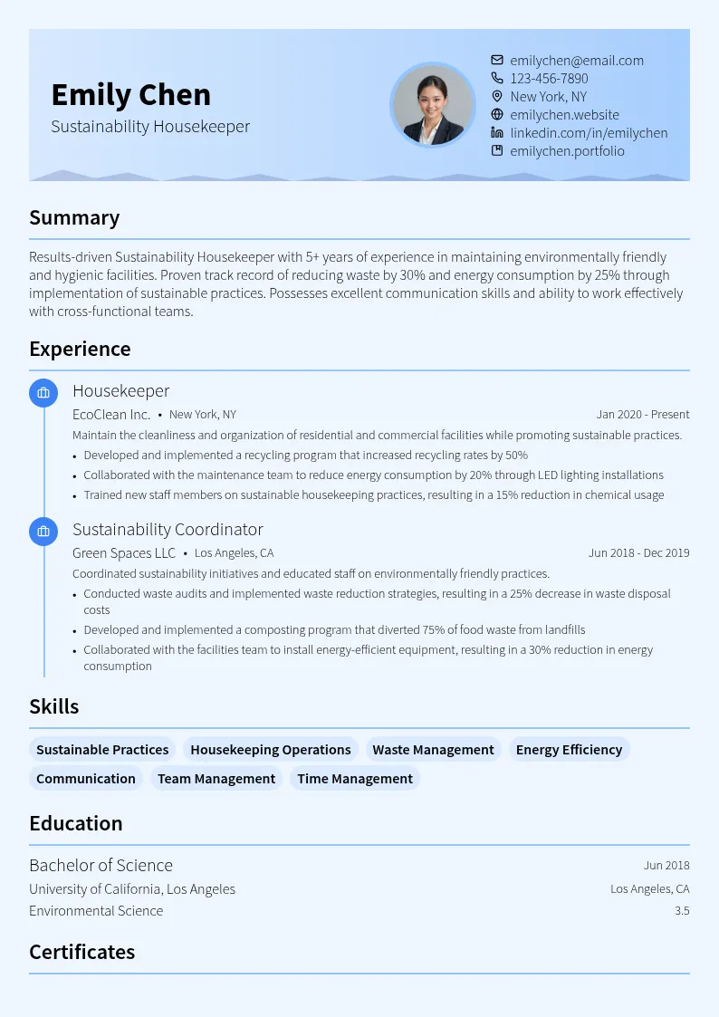 Sustainability Housekeeper resume example