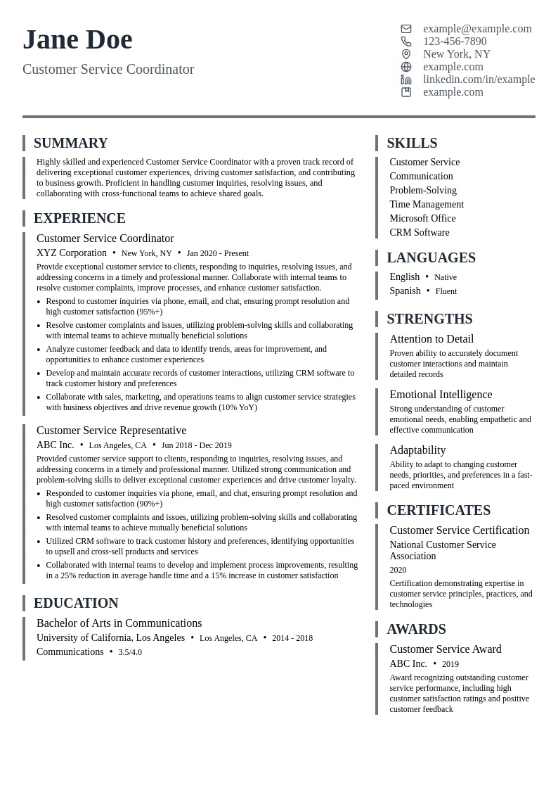 Customer Service Coordinator resume example