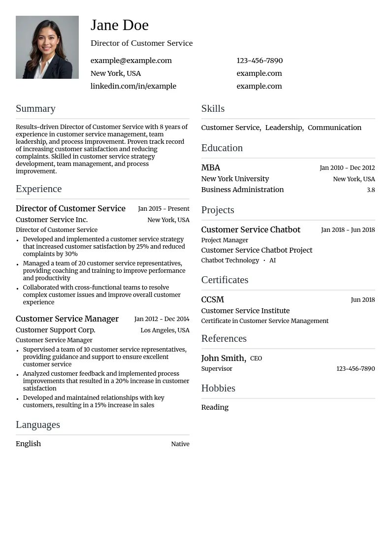 Director of Customer Service resume example
