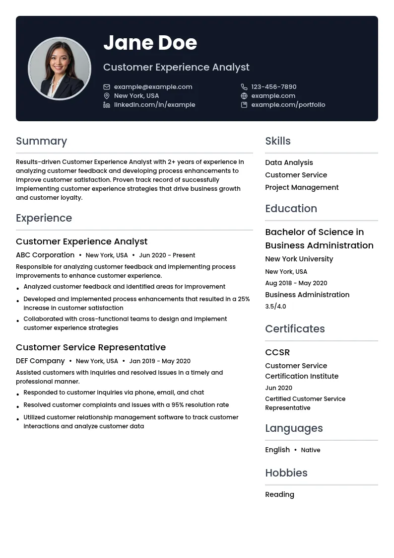 Customer Experience Analyst resume example