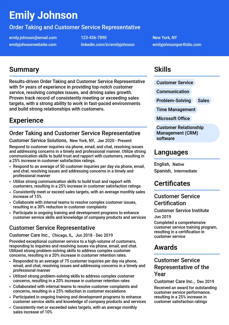 Order Taking and Customer Service Representative resume example
