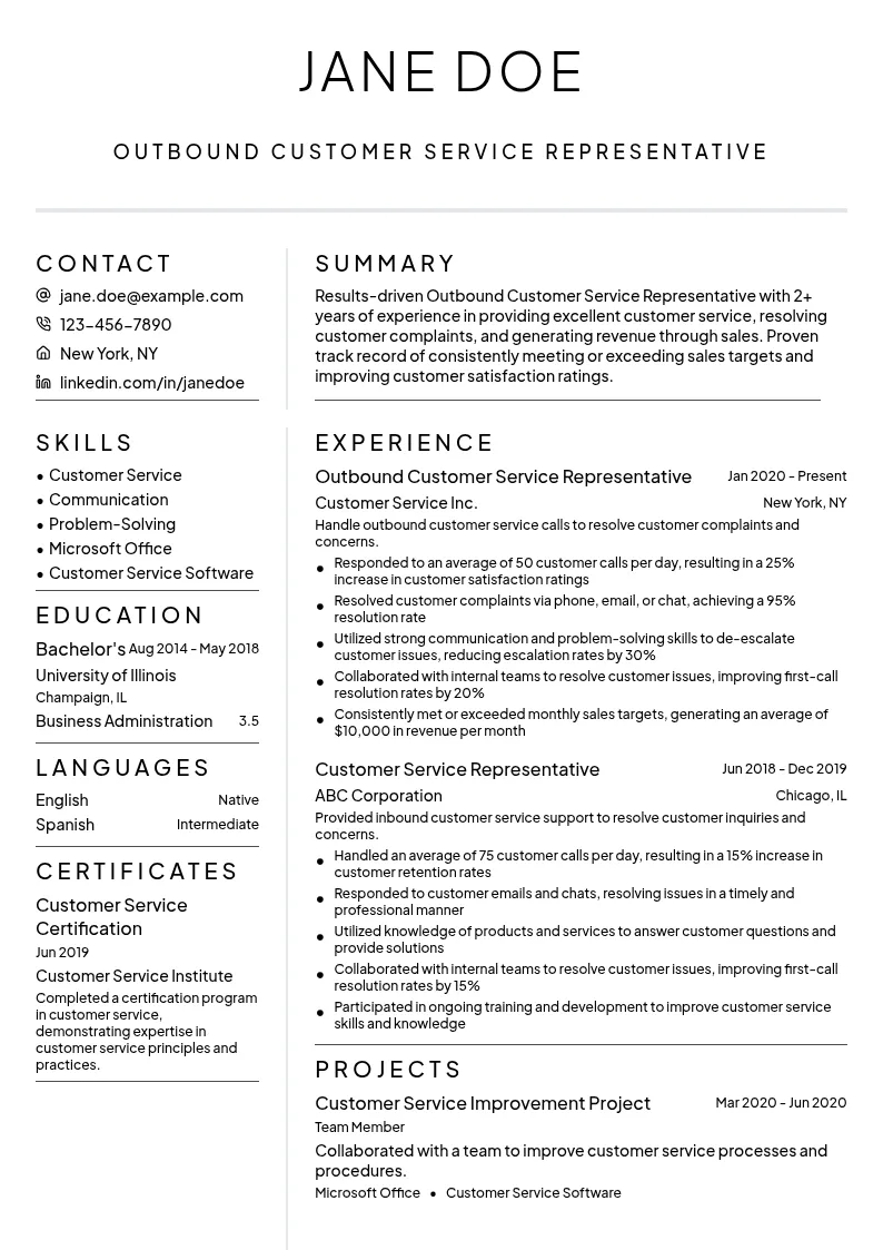 Outbound Customer Service Representative resume example