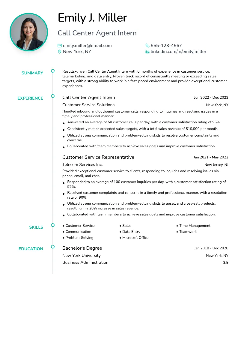 Call Center Agent Intern resume example