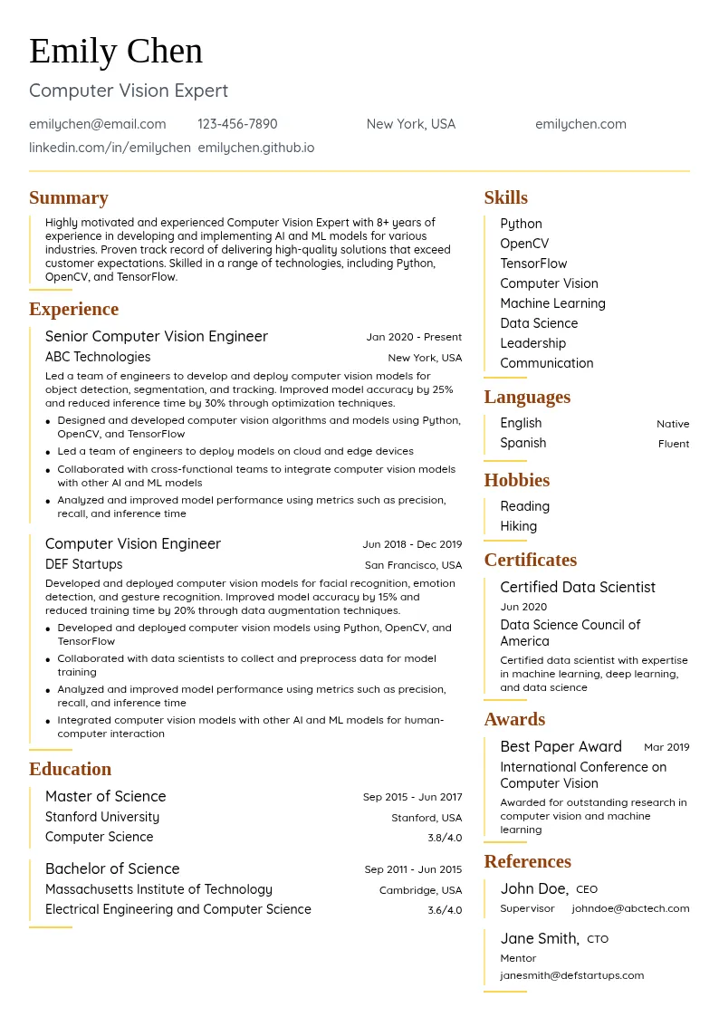 Computer Vision Expert resume example