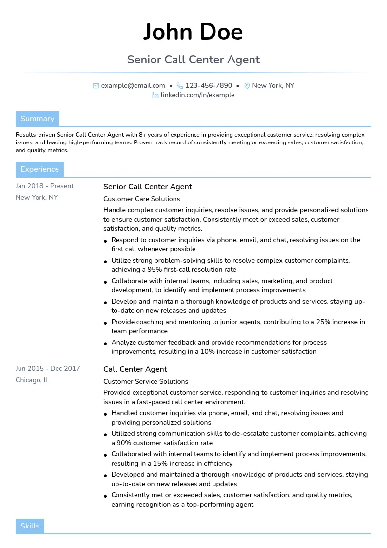 Senior Call Center Agent resume example