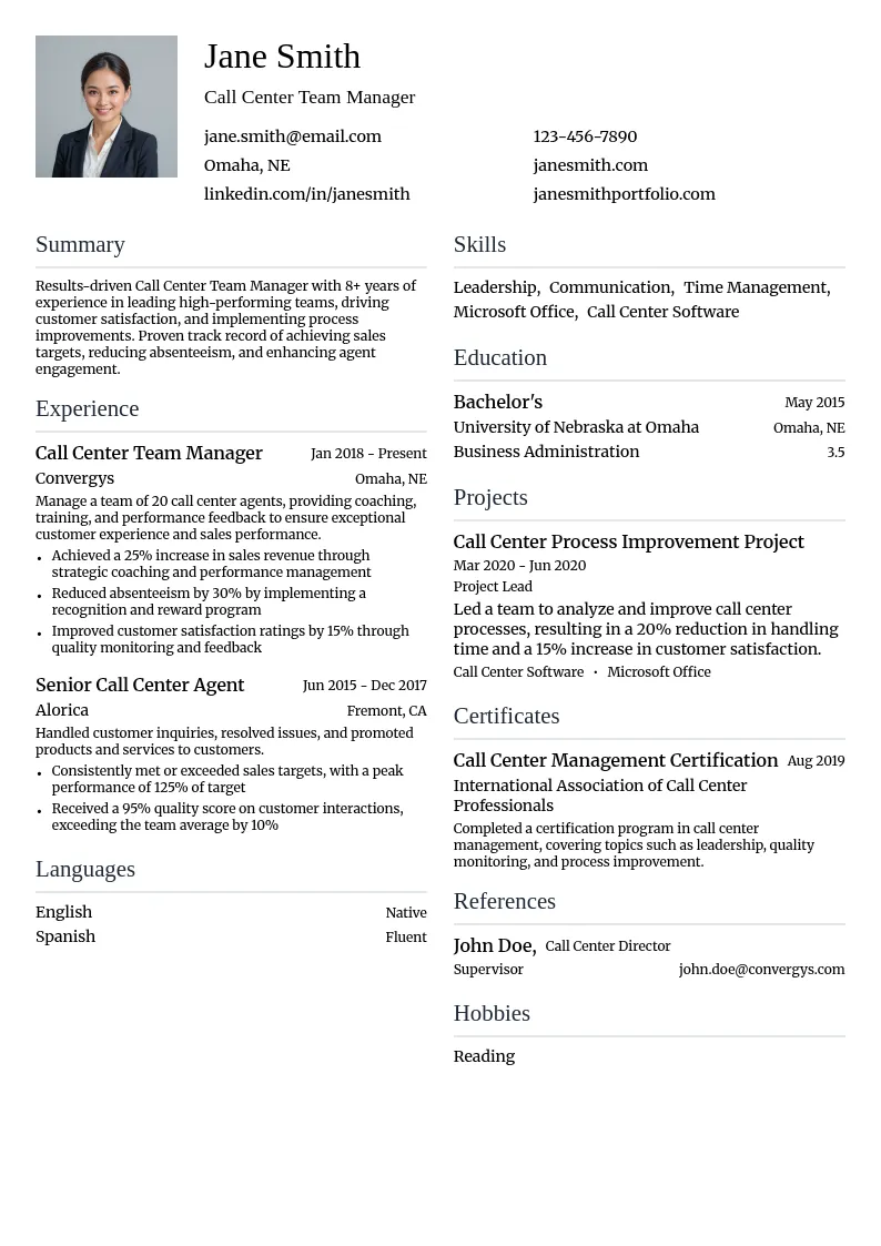 Call Center Team Manager resume example