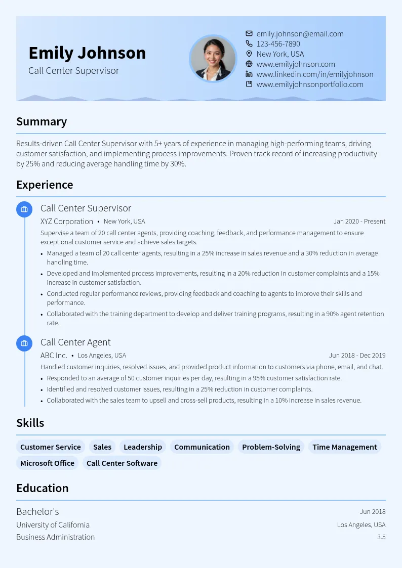 Call Center Supervisor resume example