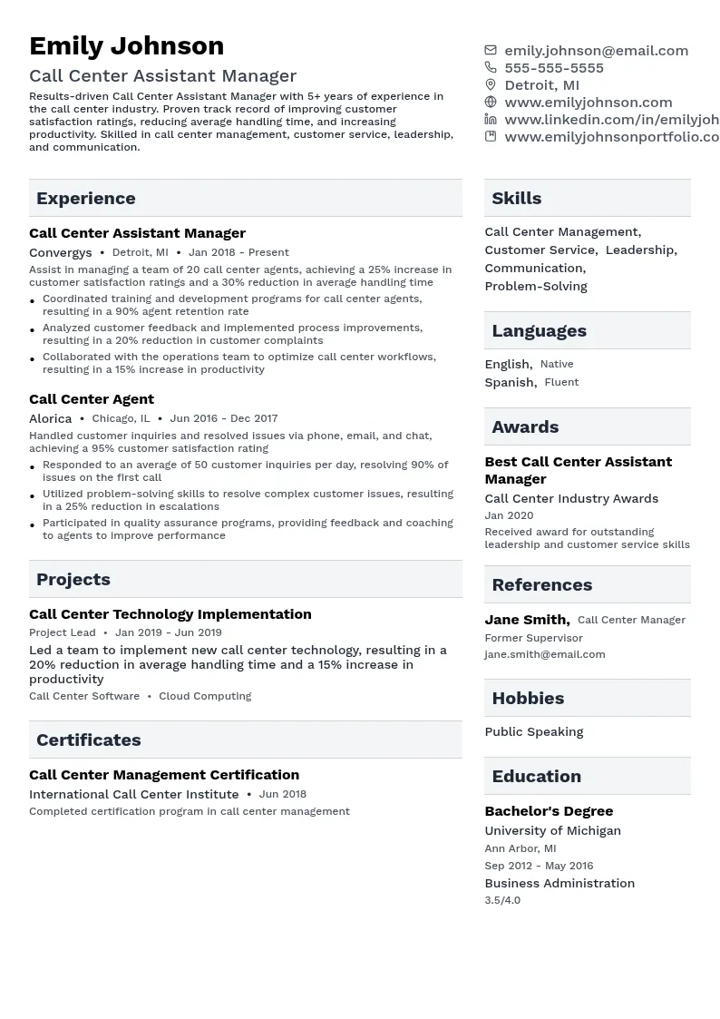 Call Center Assistant Manager resume example
