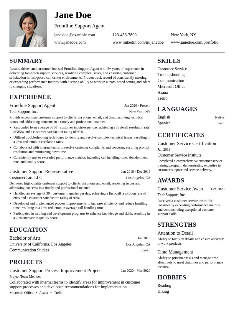 Frontline Support Agent resume example