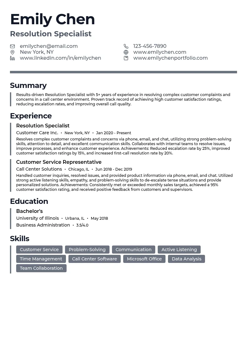 Resolution Specialist resume example