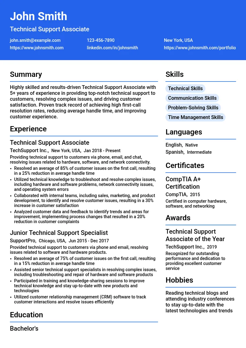 Technical Support Associate resume example