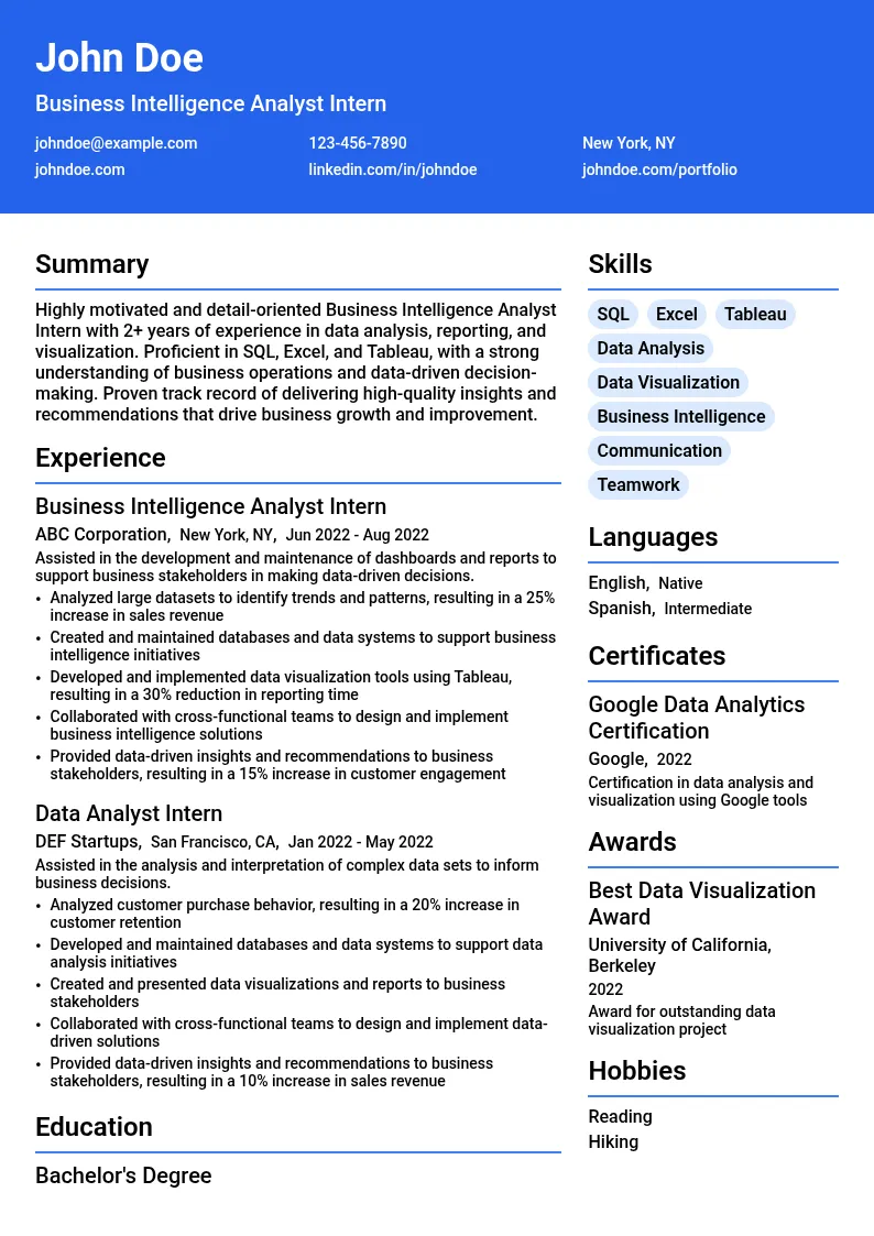 Business Intelligence Analyst Intern resume example