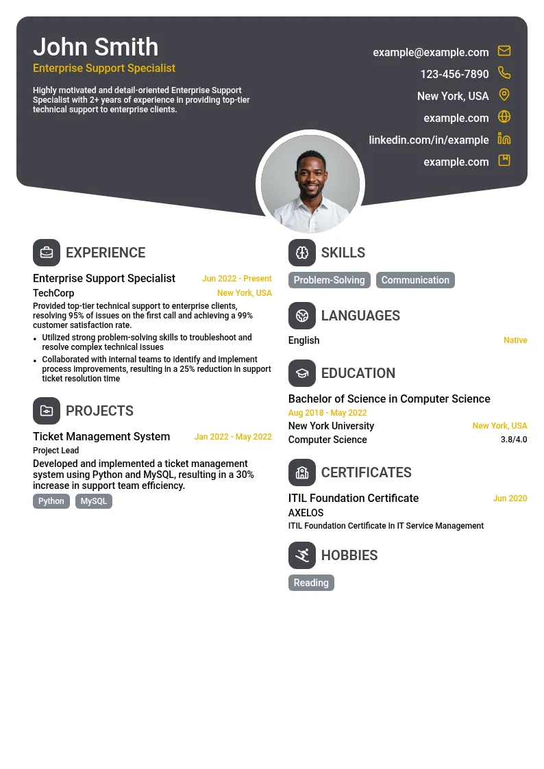 Enterprise Support Specialist resume example