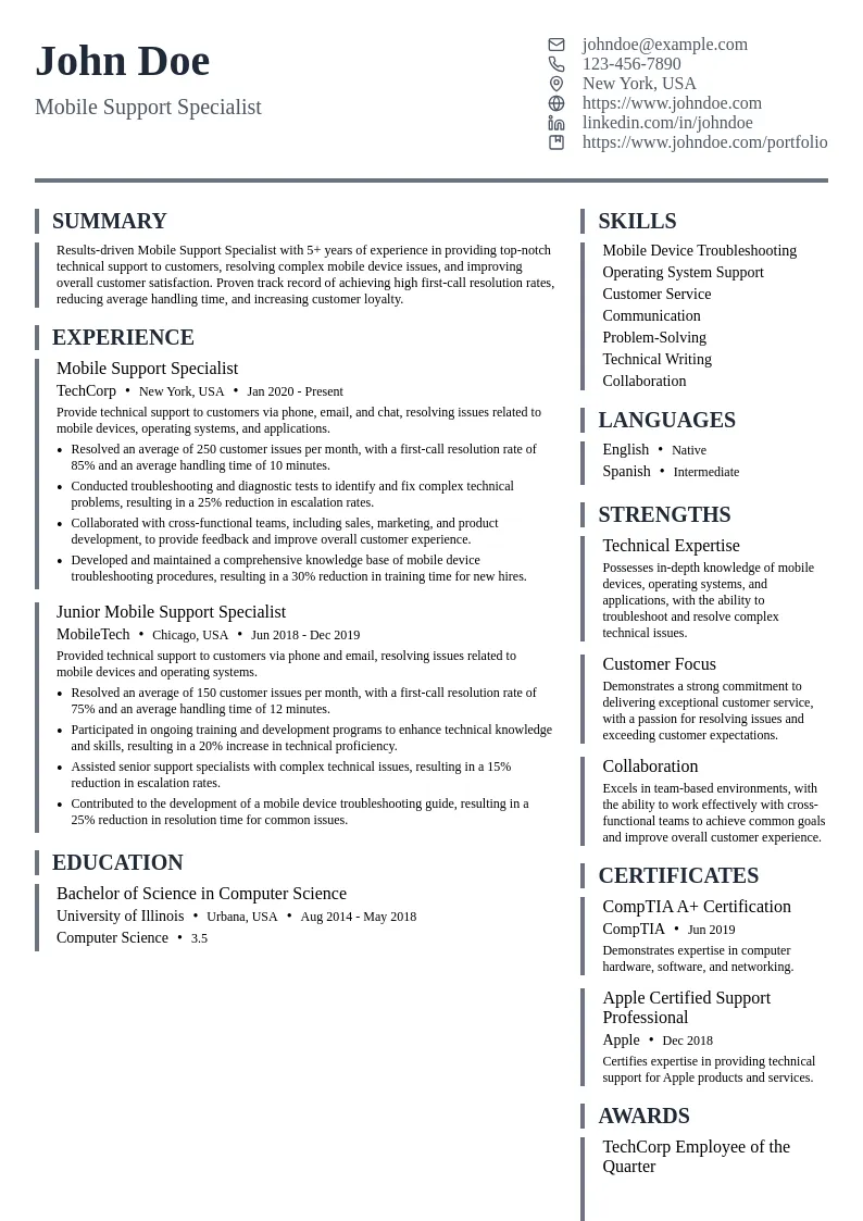 Mobile Support Specialist resume example