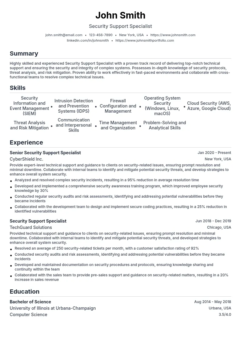 Security Support Specialist resume example