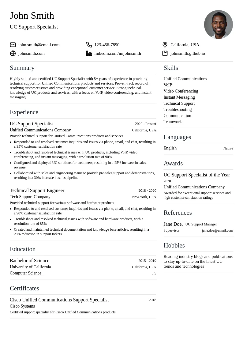 UC Support Specialist resume example
