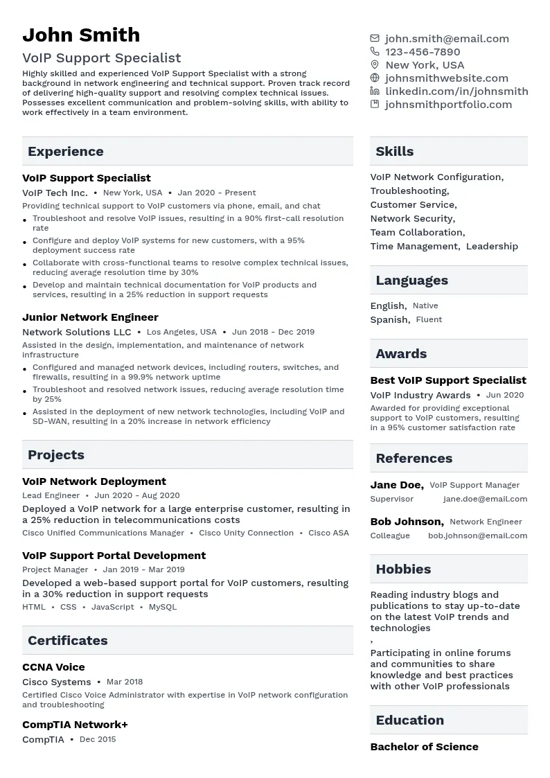 VoIP Support Specialist resume example