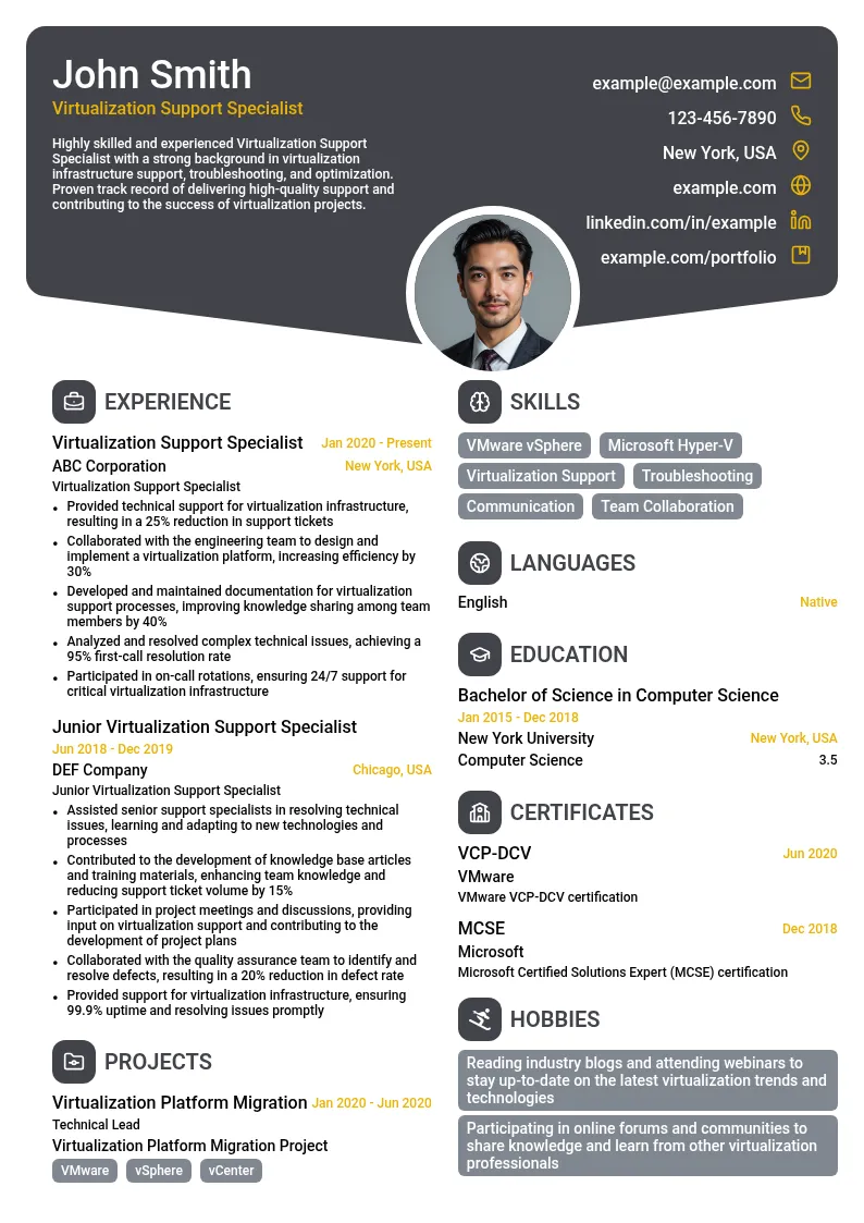 Virtualization Support Specialist resume example