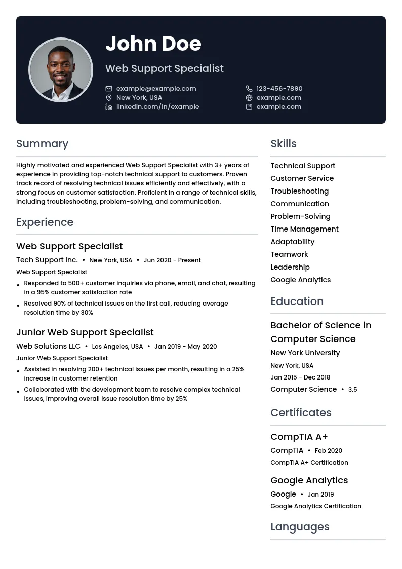Web Support Specialist resume example