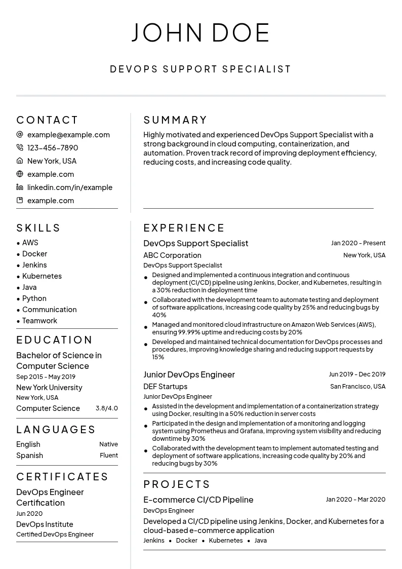 DevOps Support Specialist resume example