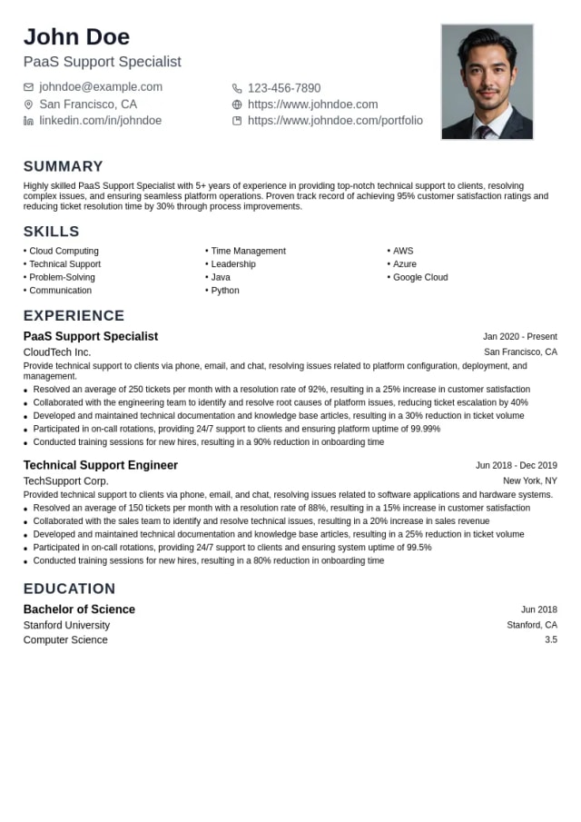 PaaS Support Specialist resume example