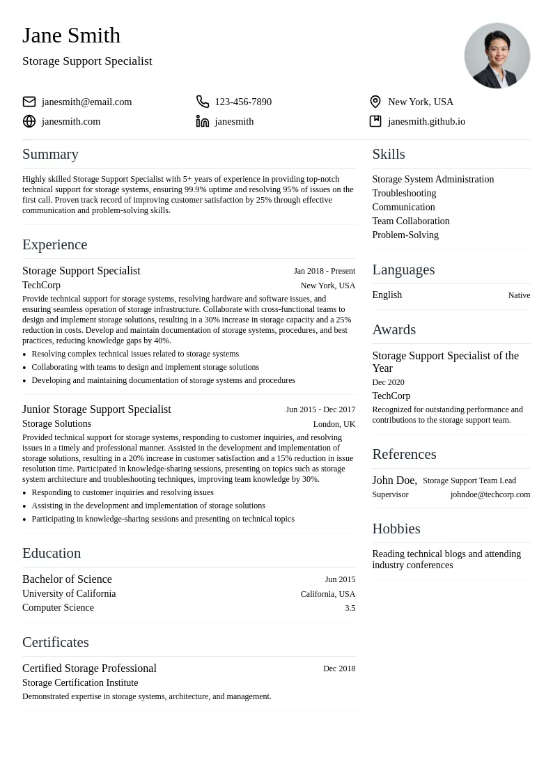 Storage Support Specialist resume example