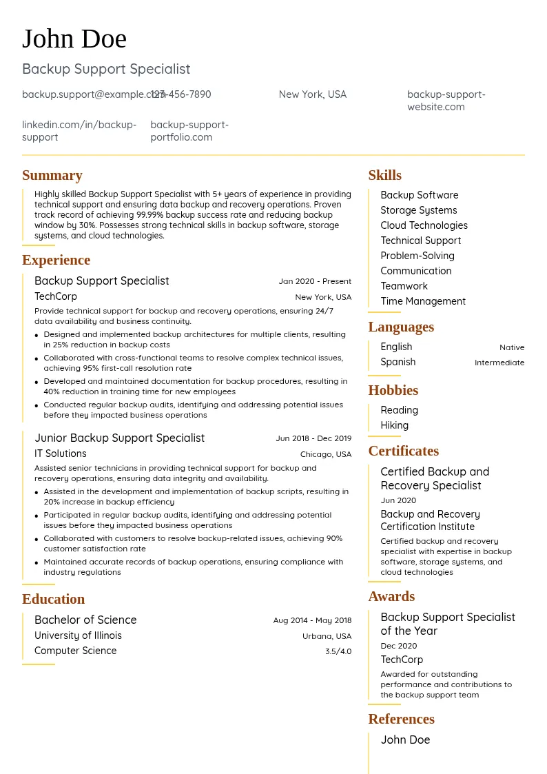 Backup Support Specialist resume example