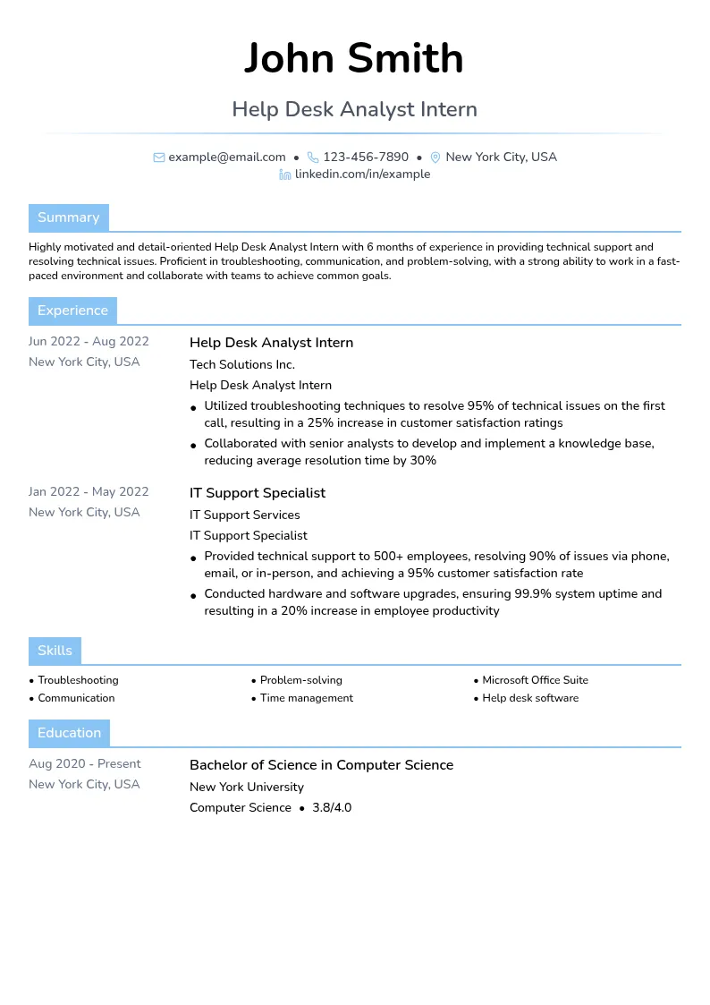 Help Desk Analyst Intern resume example