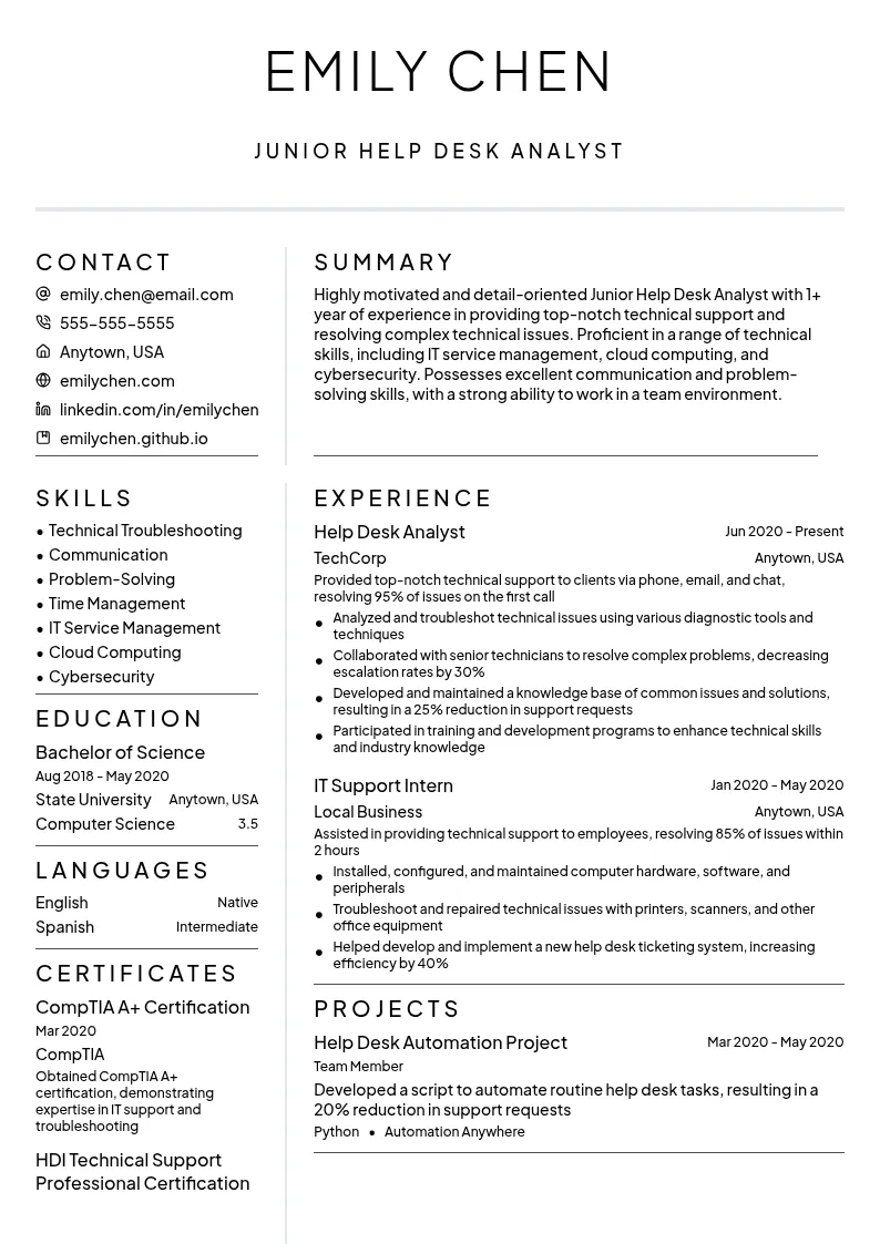 Junior Help Desk Analyst resume example