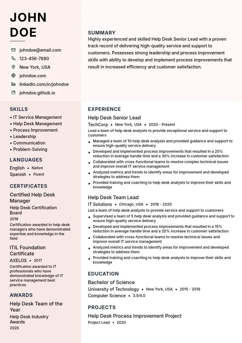 Help Desk Senior Lead resume example