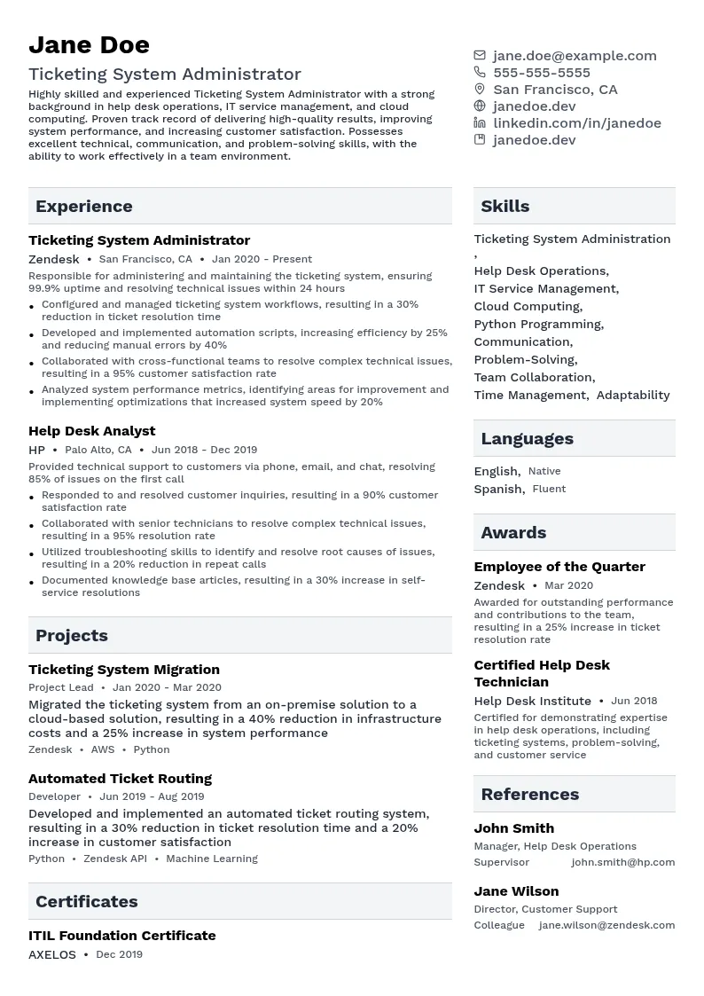 Ticketing System Administrator resume example